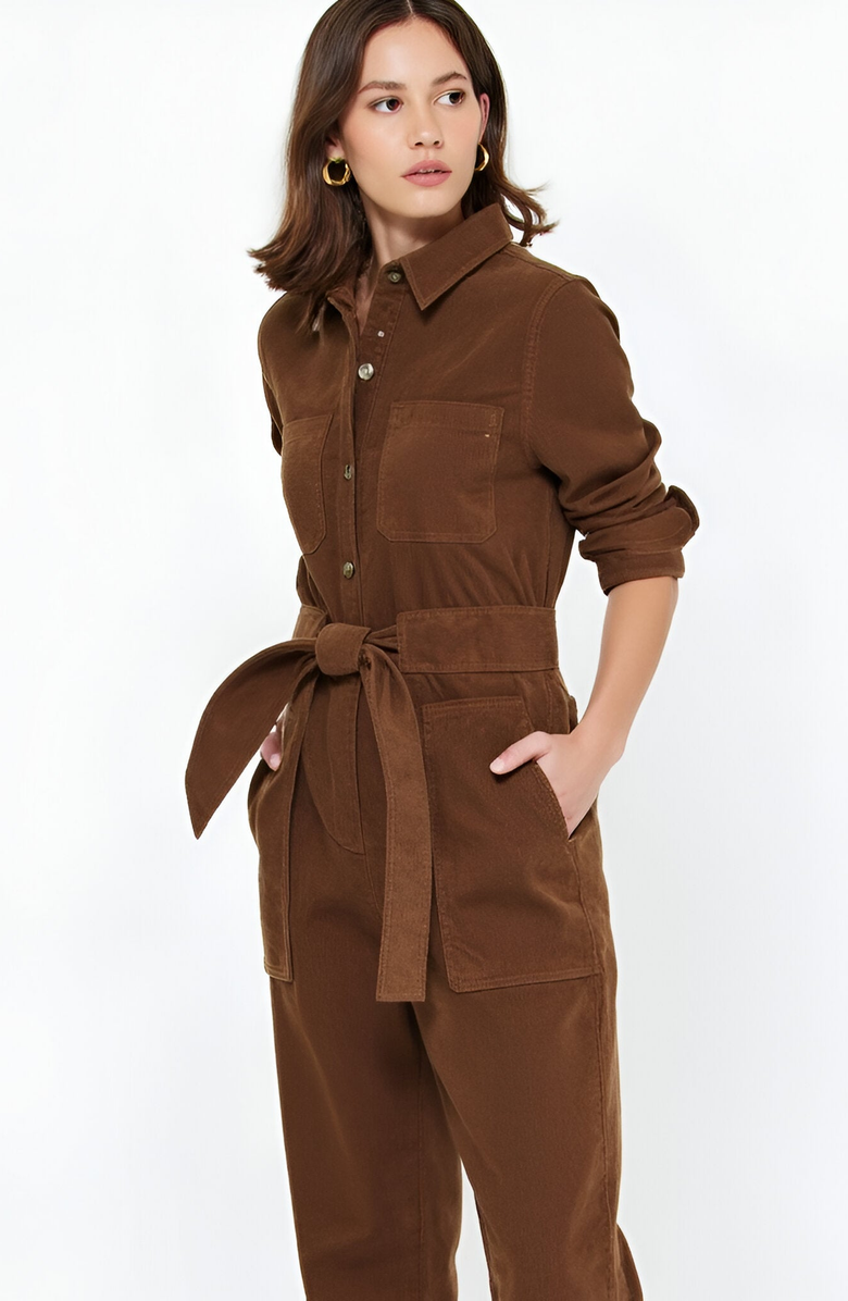 Modenaire Ribbed Long-Sleeve Jumpsuit with Patch Pockets, Alternate, color, Brown
