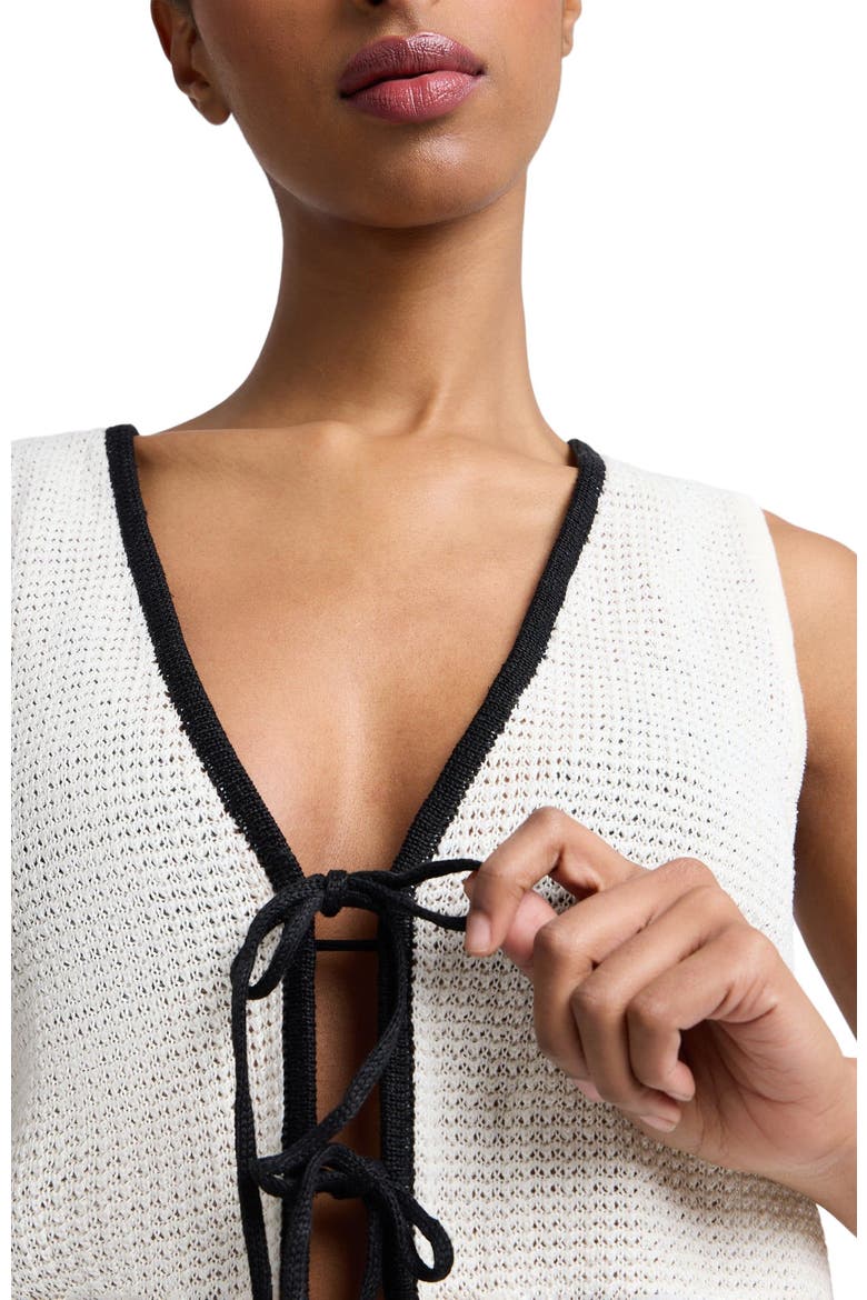 Knit Tie V-Neck Front Tank Top, Alternate, color, Egret/Black