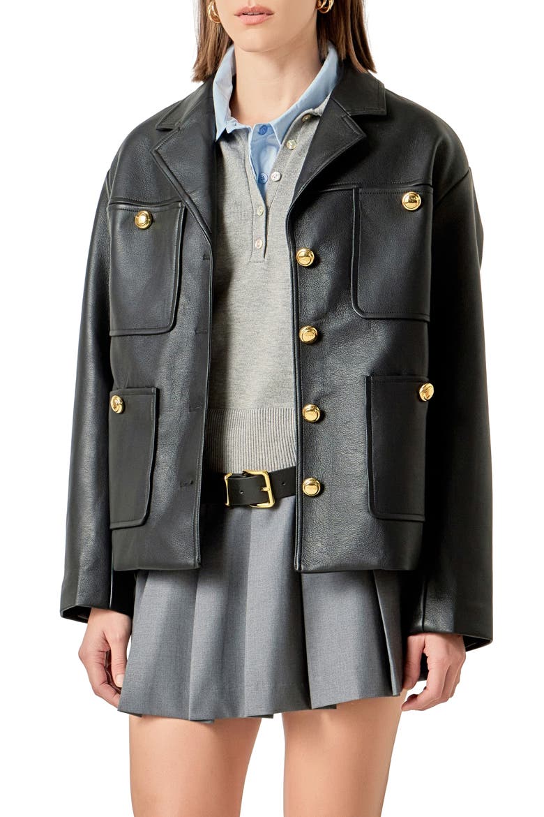 Drop Shoulder Faux Leather Jacket, Alternate, color, BLACK