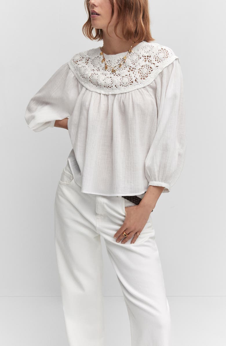 MANGO Crochet Yoke Three Quarter Sleeve Top, Alternate, color,