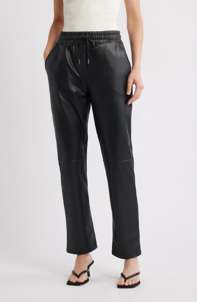 Hue Faux Leather Wide Leg Drawstring Pants, Main, color, Black