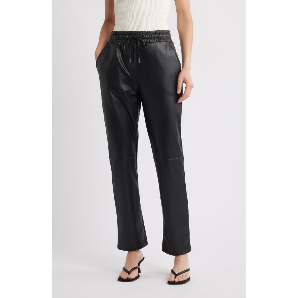 Hue Faux Leather Wide Leg Drawstring Pants In Black