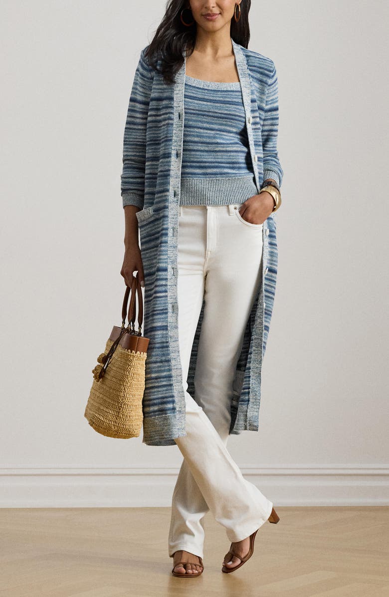 Lauren Ralph Lauren Stripe Linen & Cotton Long Cardigan, Alternate, color, Indigo/ Multi