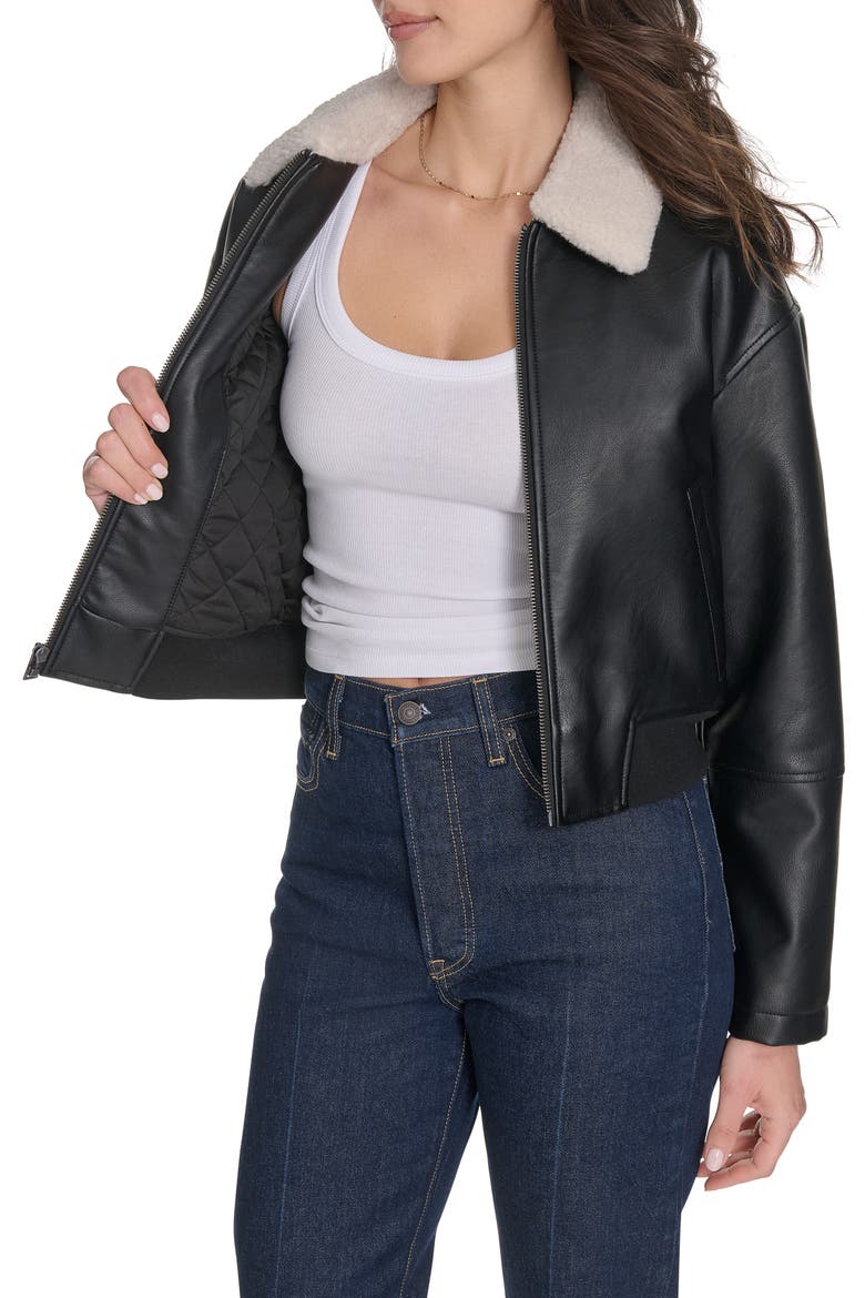 Faux Leather Bomber Jacket with Faux Shearling Collar, Alternate, color, BLACK