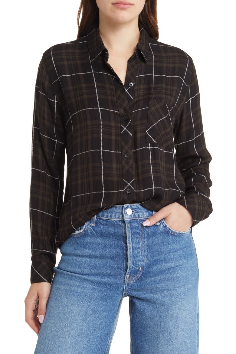 Hunter Plaid Button-Up Shirt, Main, color, OLIVE CARBON WHITE
