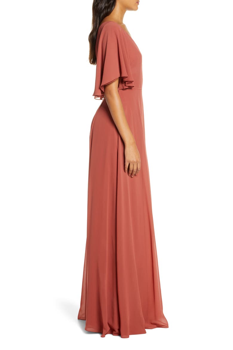 Ari Flutter Sleeve Faux Wrap Evening Gown, Alternate, color, ENGLISH ROSE