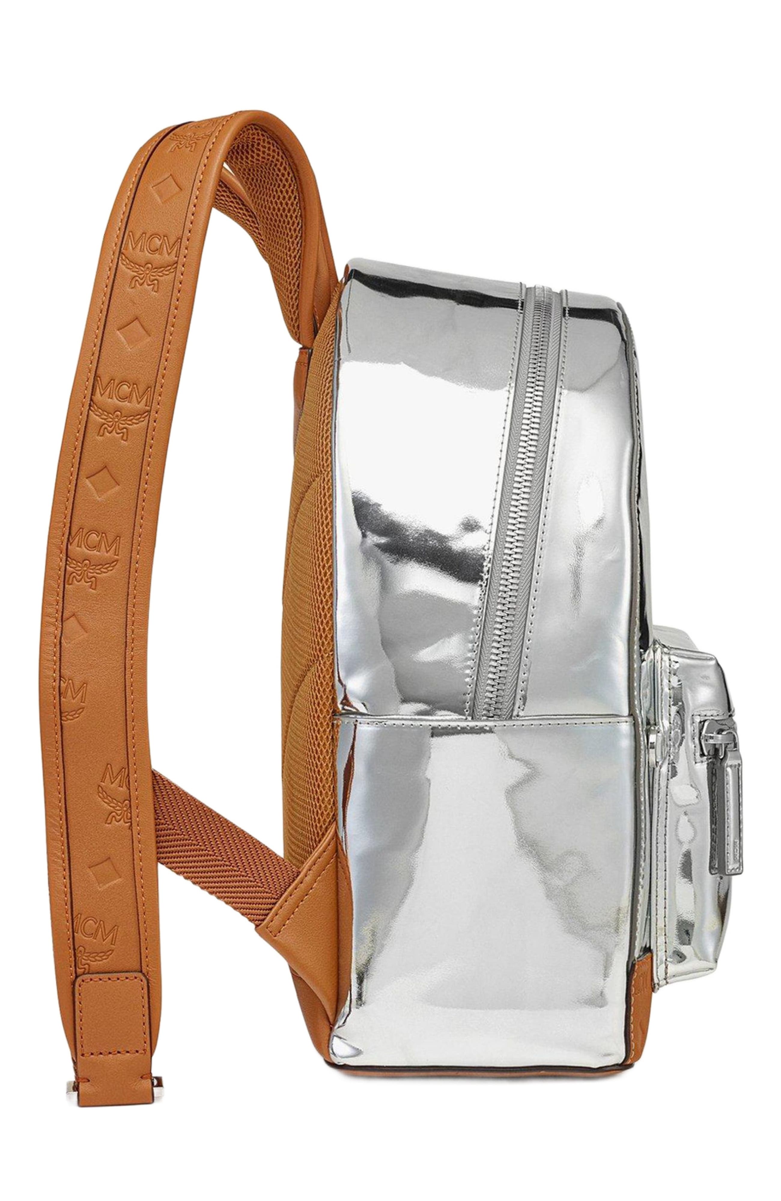 MCM Stark Backpack in Metallic Mirror Leather, Alternate, color, Silver