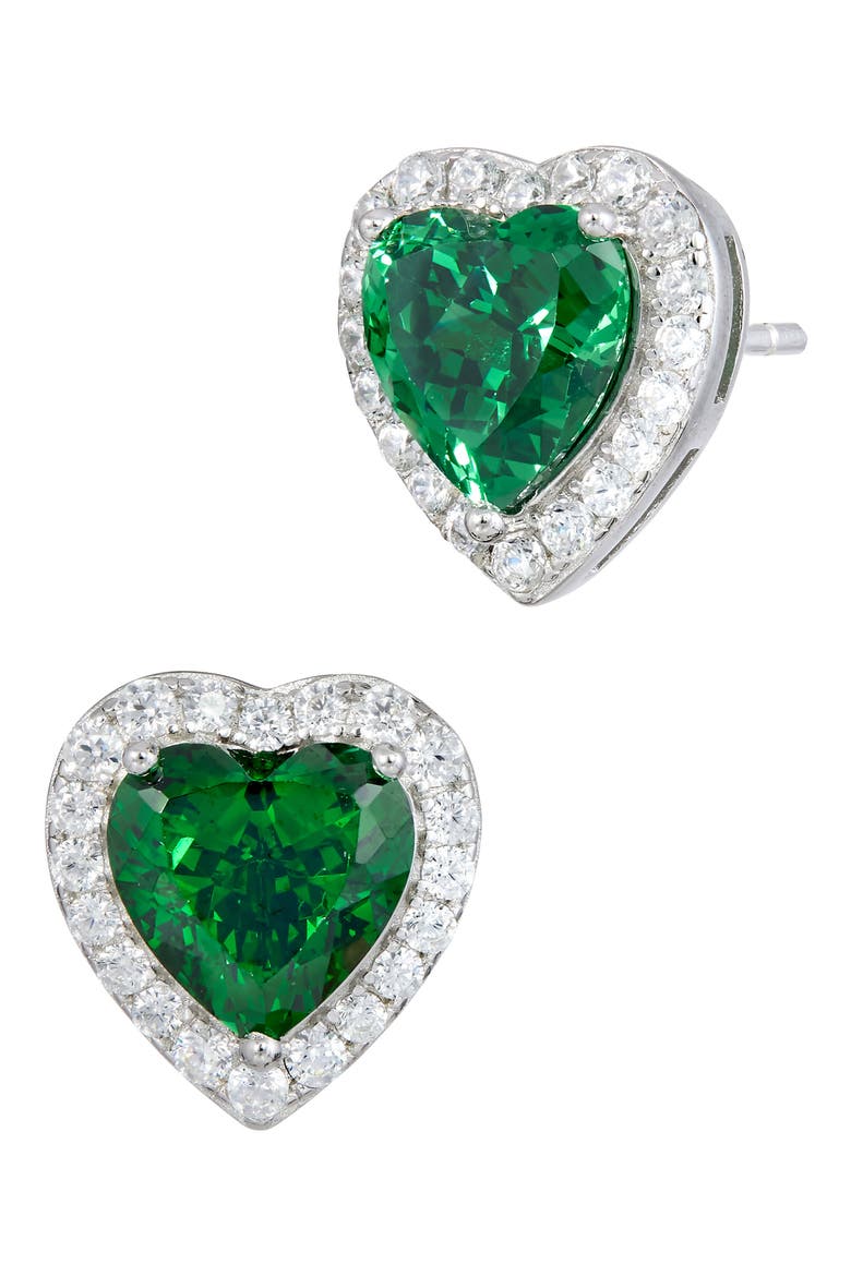 Cubic Zirconia Heart Halo Stud Earrings, Main, color, EMERALD GREEN