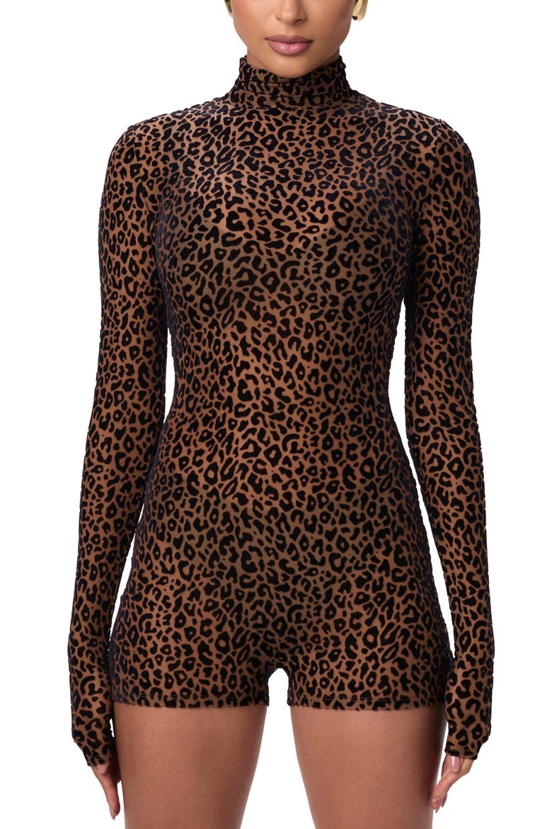 Burnout Mock Neck Long Sleeve Romper, Alternate, color, LEOPARD NUDE