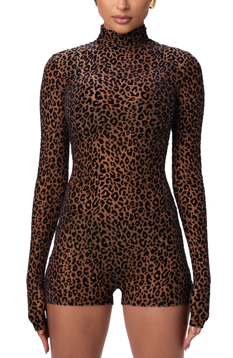 Naked Wardrobe Burnout Mock Neck Long Sleeve Romper, Alternate, color, Leopard Nude