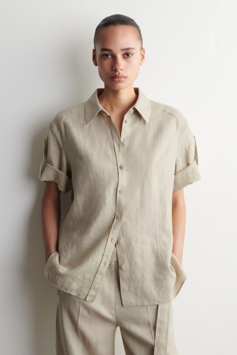 Folded-Sleeve Linen Shirt, Main, color, BEIGE