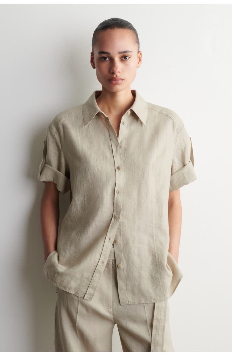 COS Folded-Sleeve Linen Shirt, Main, color, Beige