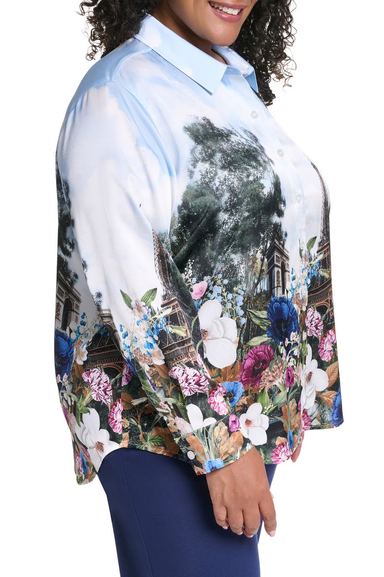 Paris Scene Button-Up Blouse, Alternate, color, STEEL BLUE MULTI