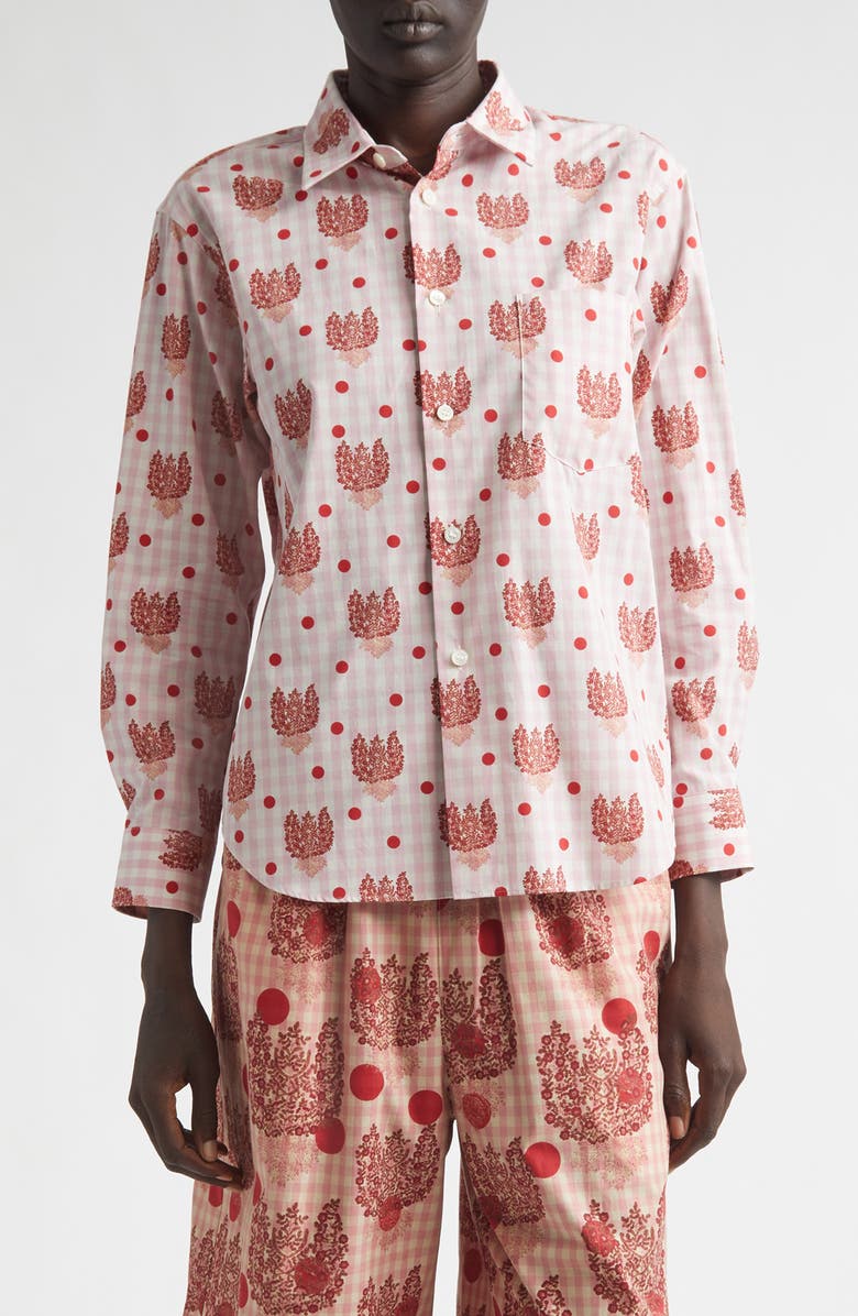 Tao Comme des Garçons Polka Dot Floral Gingham Cotton Poplin Button-Up Shirt, Main, color, Pink