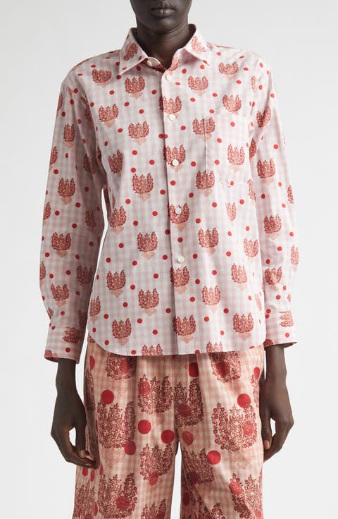 Polka Dot Floral Gingham Cotton Poplin Button-Up Shirt
