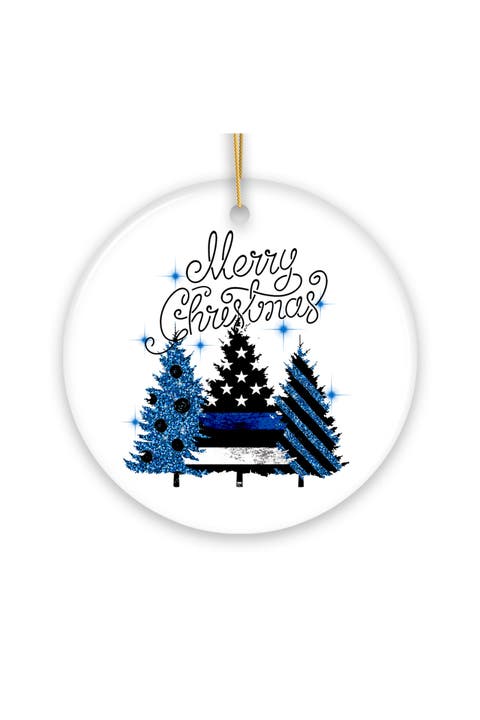 Blue Line Glitter Trees Merry Christmas Ornament