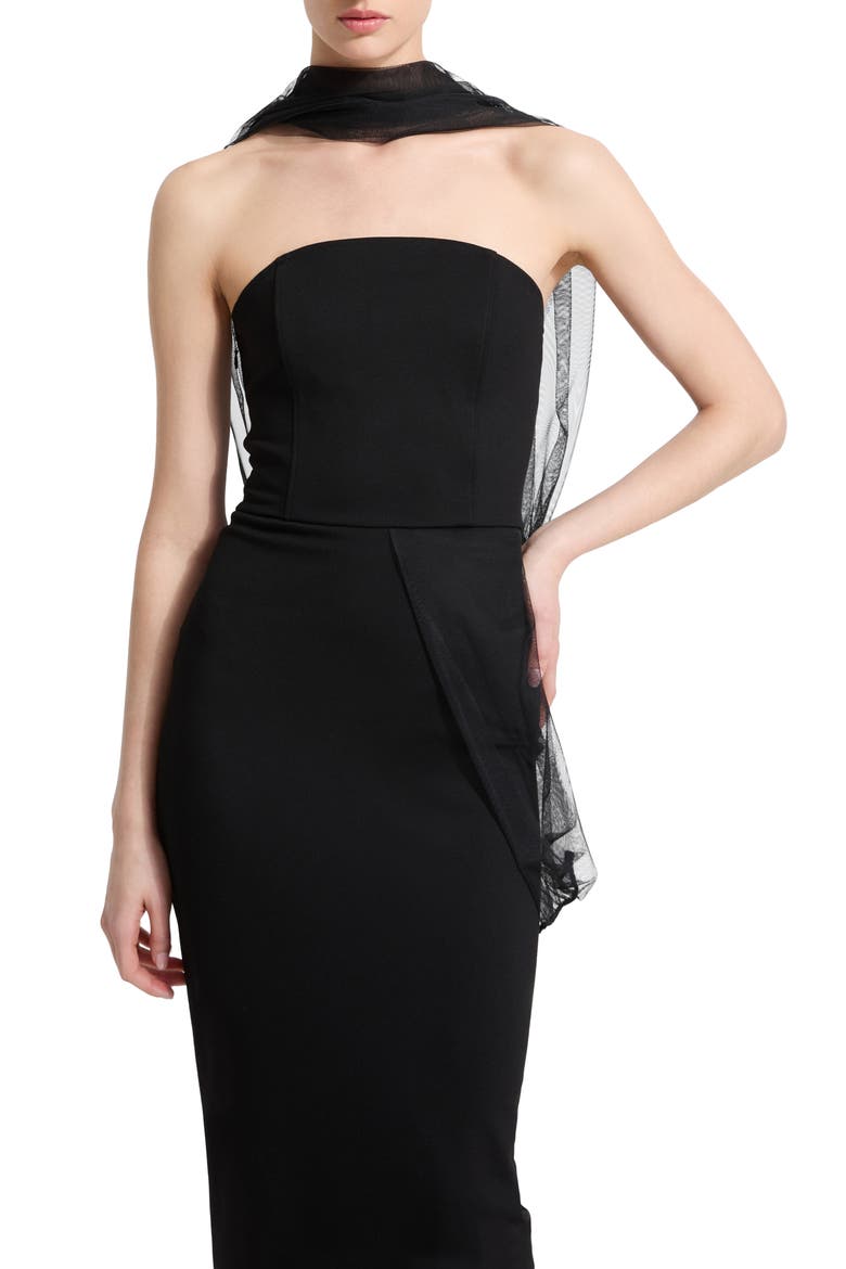 Dianne Strapless Sheath Dress with Removable Mesh Scarf, Alternate, color, BLACK