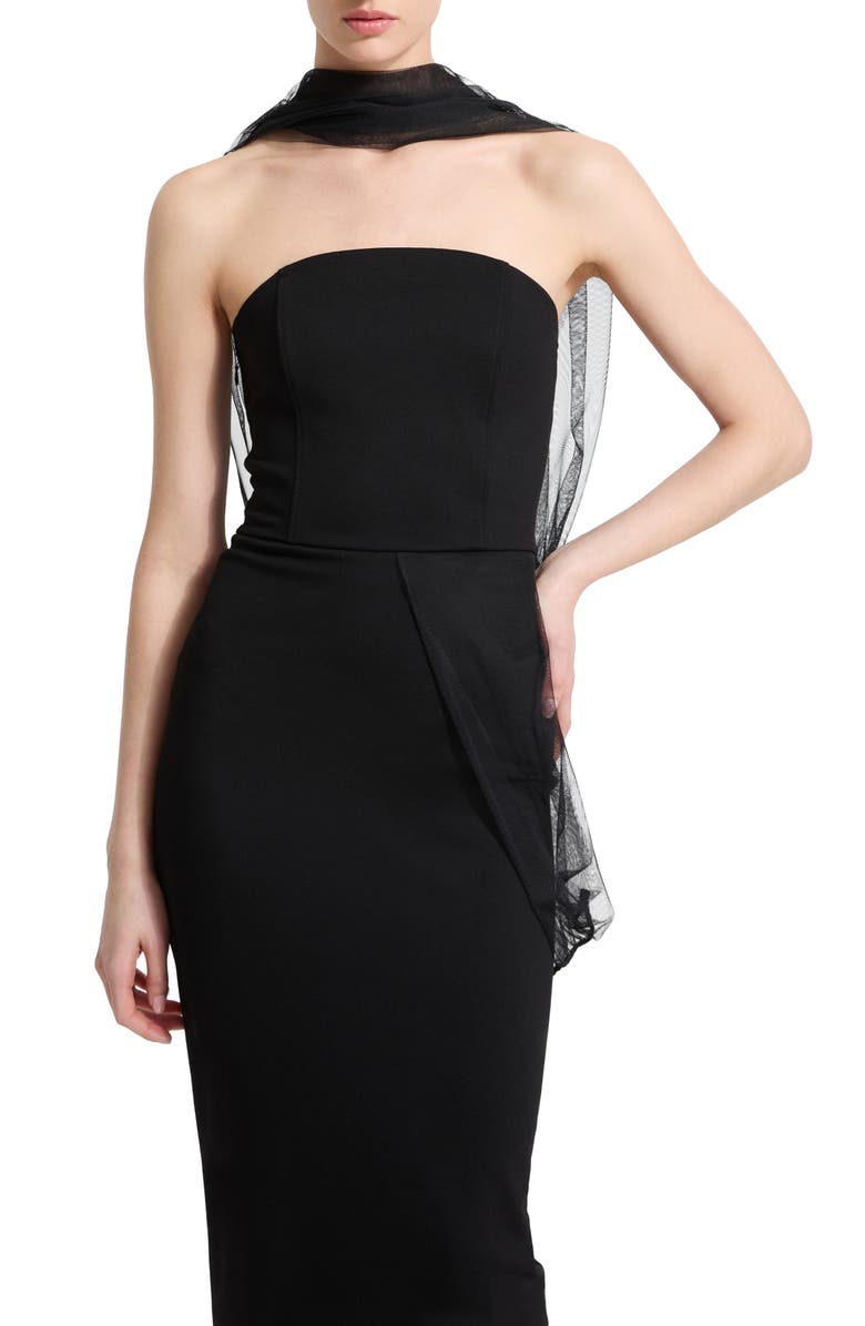 Marcella Dianne Strapless Sheath Dress with Removable Mesh Scarf, Alternate, color, Black