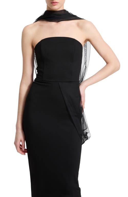 Marcella Dianne Strapless Sheath Dress With Removable Mesh Scarf In Black