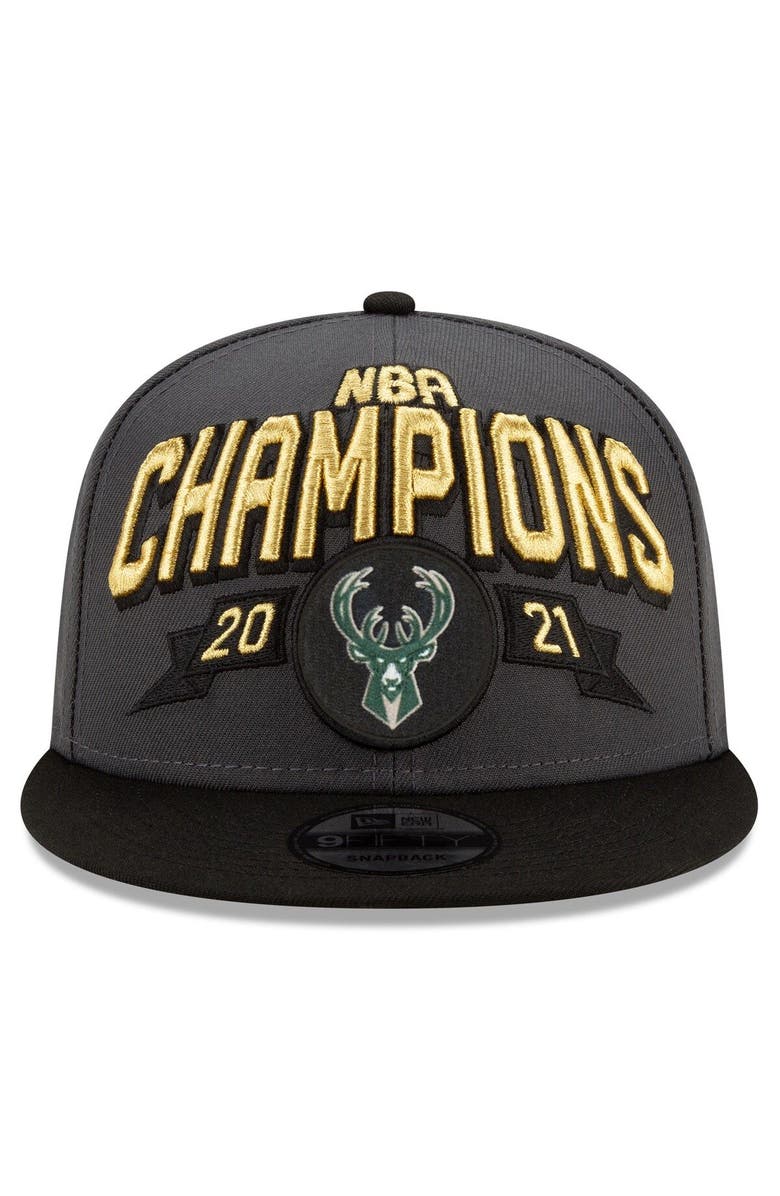 New Era Men's New Era Gray/Black Milwaukee Bucks 2021 NBA Finals Champions Locker Room 9FIFTY Snapback Adjustable Hat, Alternate, color,