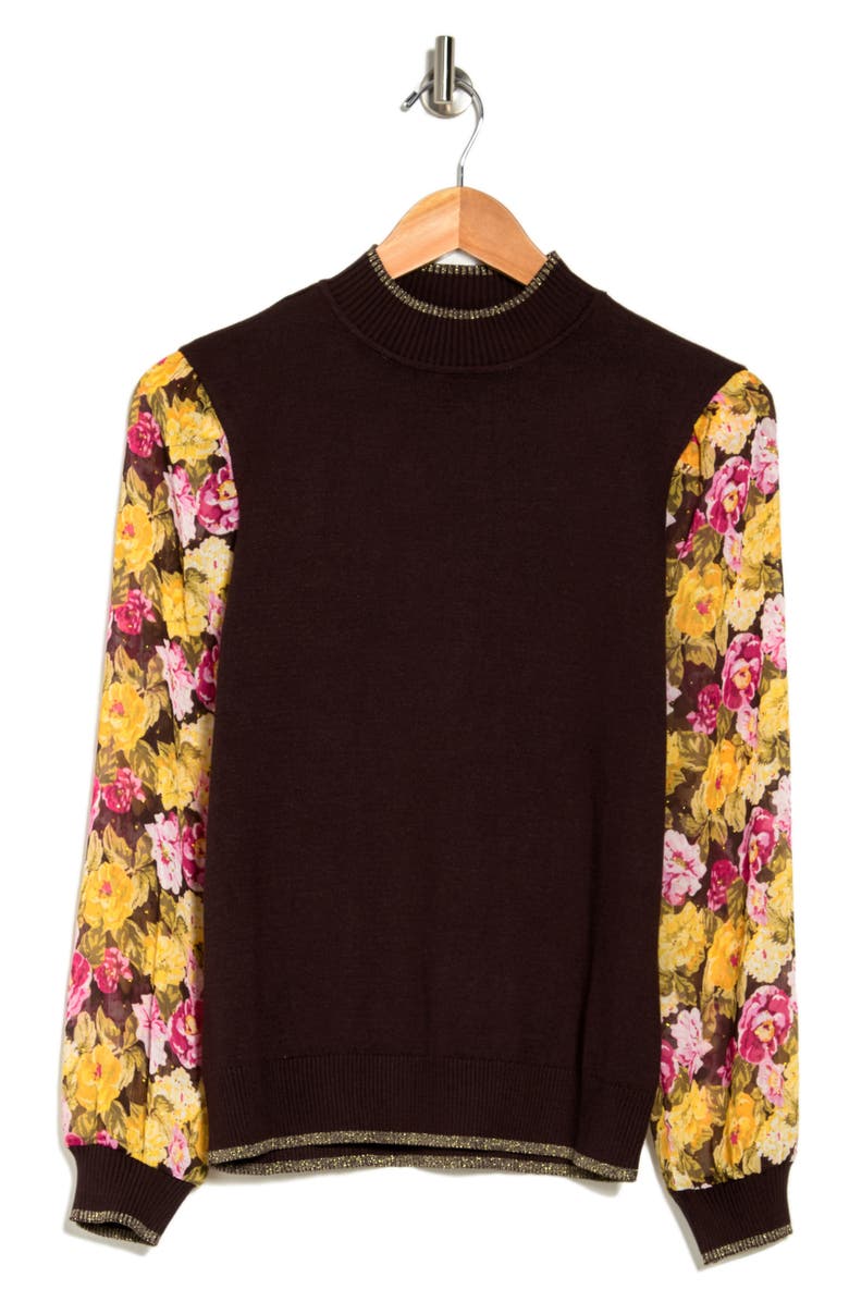 BY DESIGN Leila Mock Neck Chiffon Sleeve Sweater, Alternate, color, Black Coffee W/ Brocade Floral