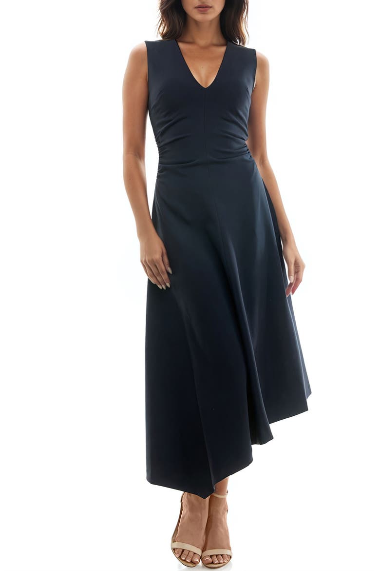 Shirred Waist Sleeveless Asymmetric Midi Dress, Main, color, MOONLIT OCEAN
