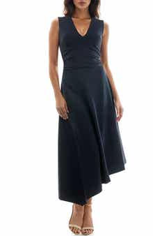 Socialite Shirred Waist Sleeveless Asymmetric Midi Dress