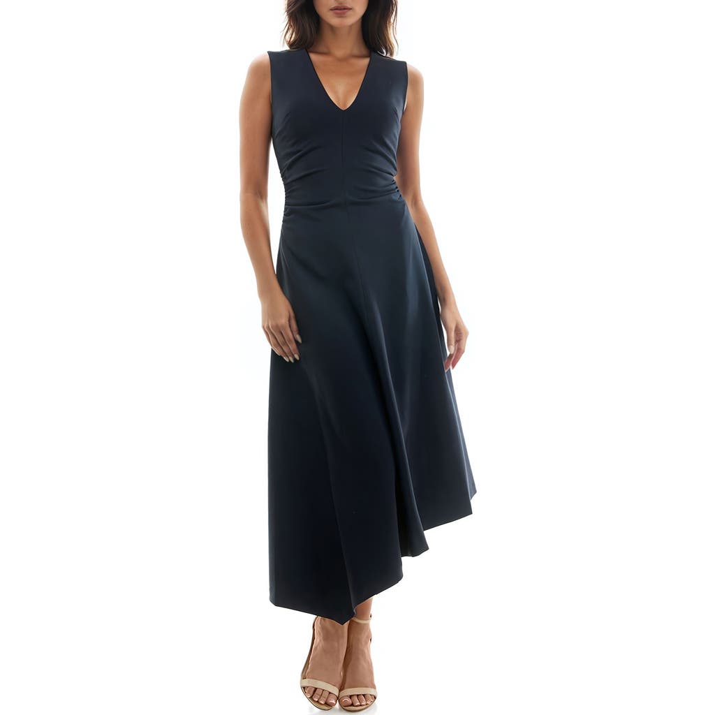 Socialite Shirred Waist Sleeveless Asymmetric Midi Dress in Moonlit Ocean