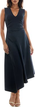 Socialite Shirred Waist Sleeveless Asymmetric Midi Dress