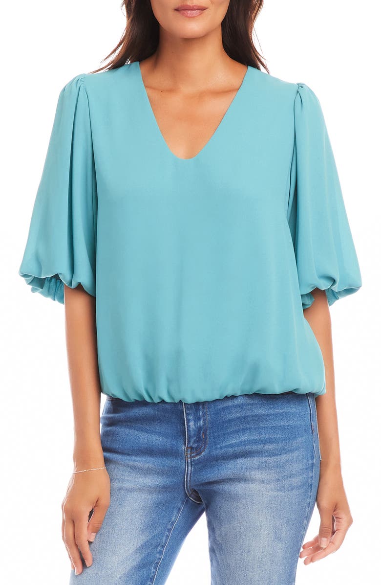 Karen Kane Puff Sleeve Crepe Top, Main, color, Aqua