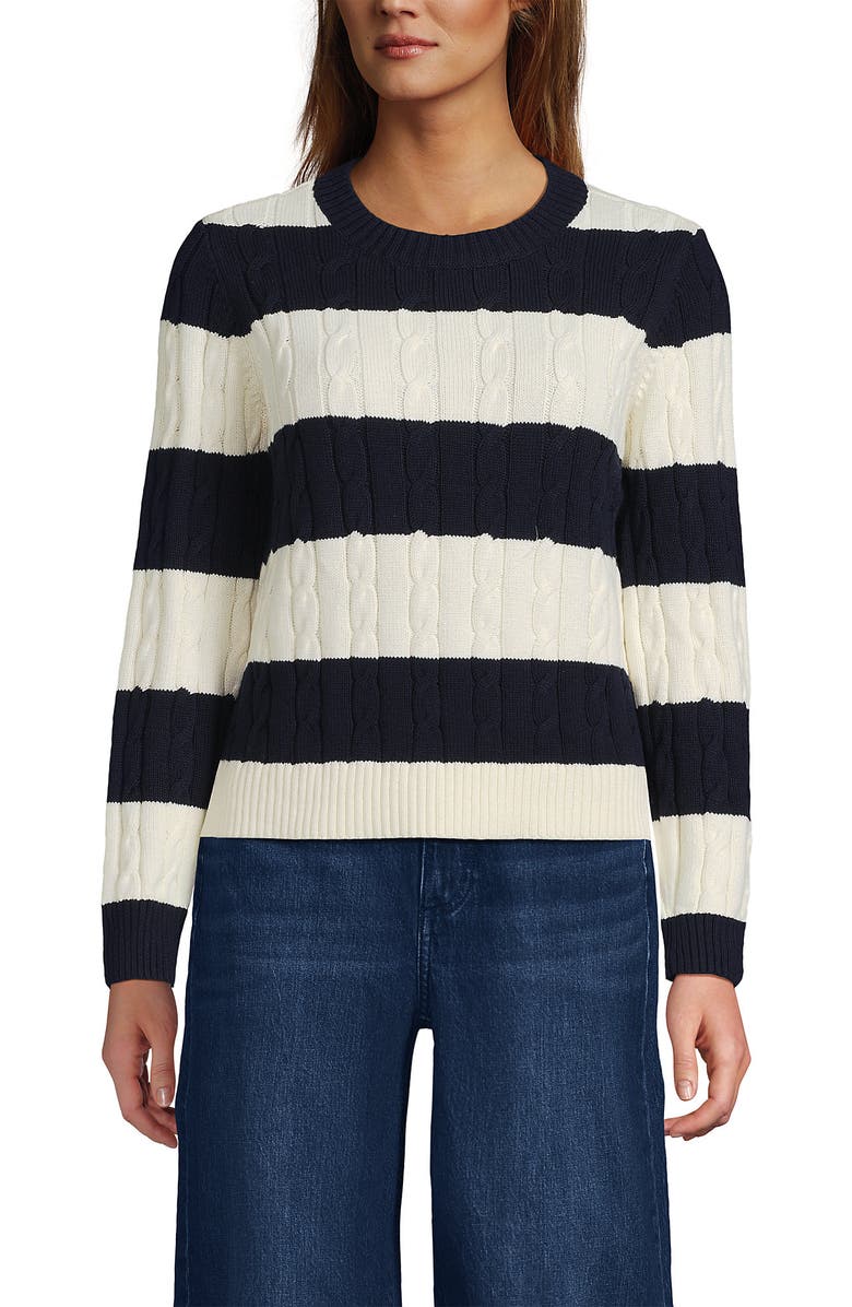 Lands' End Cotton Cable Drifter Crewneck Sweater, Alternate, color, Navy/Ivory Rugby Stripe