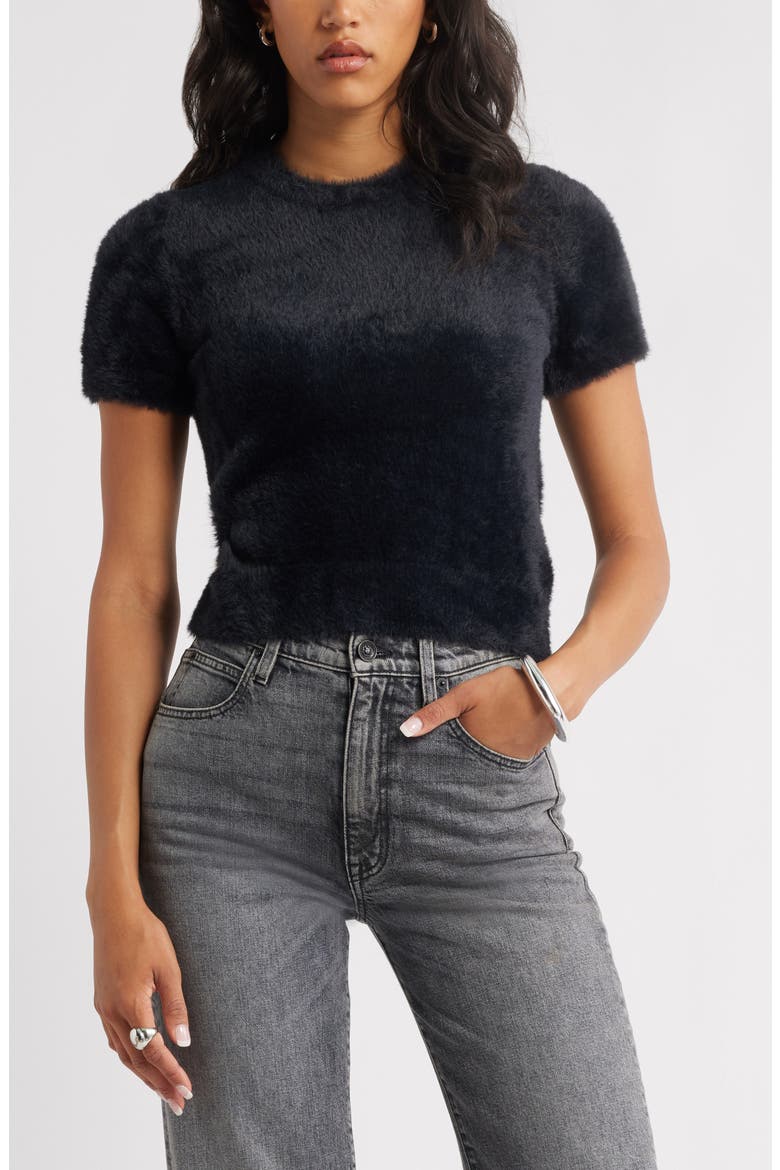 Fuzzy Short Sleeve Sweater, Main, color, BLACK