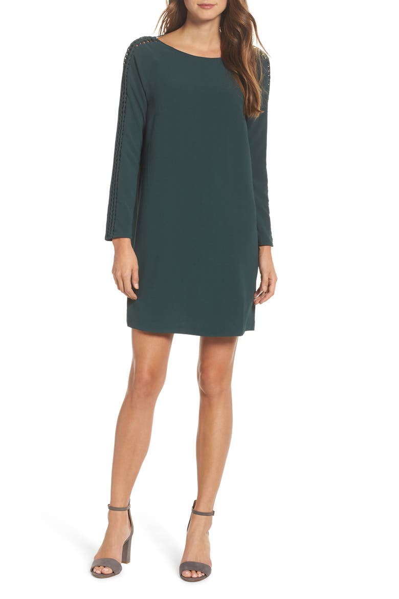 Shea Lace-Up Sleeve Shift Dress, Main, color, BOTTLE GREEN