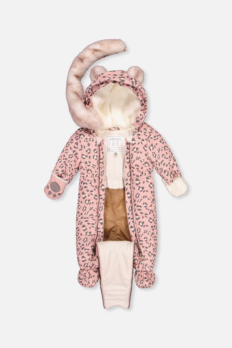 Car Seat Leopard Paw Fleece Neckwarmer One Piece Snowsuit, Alternate, color, Rose Leopard Print