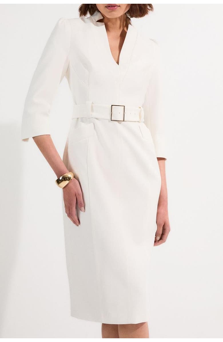 Karen Millen 3/4 Sleeve Belted Midi Dress, Alternate, color, Ivory