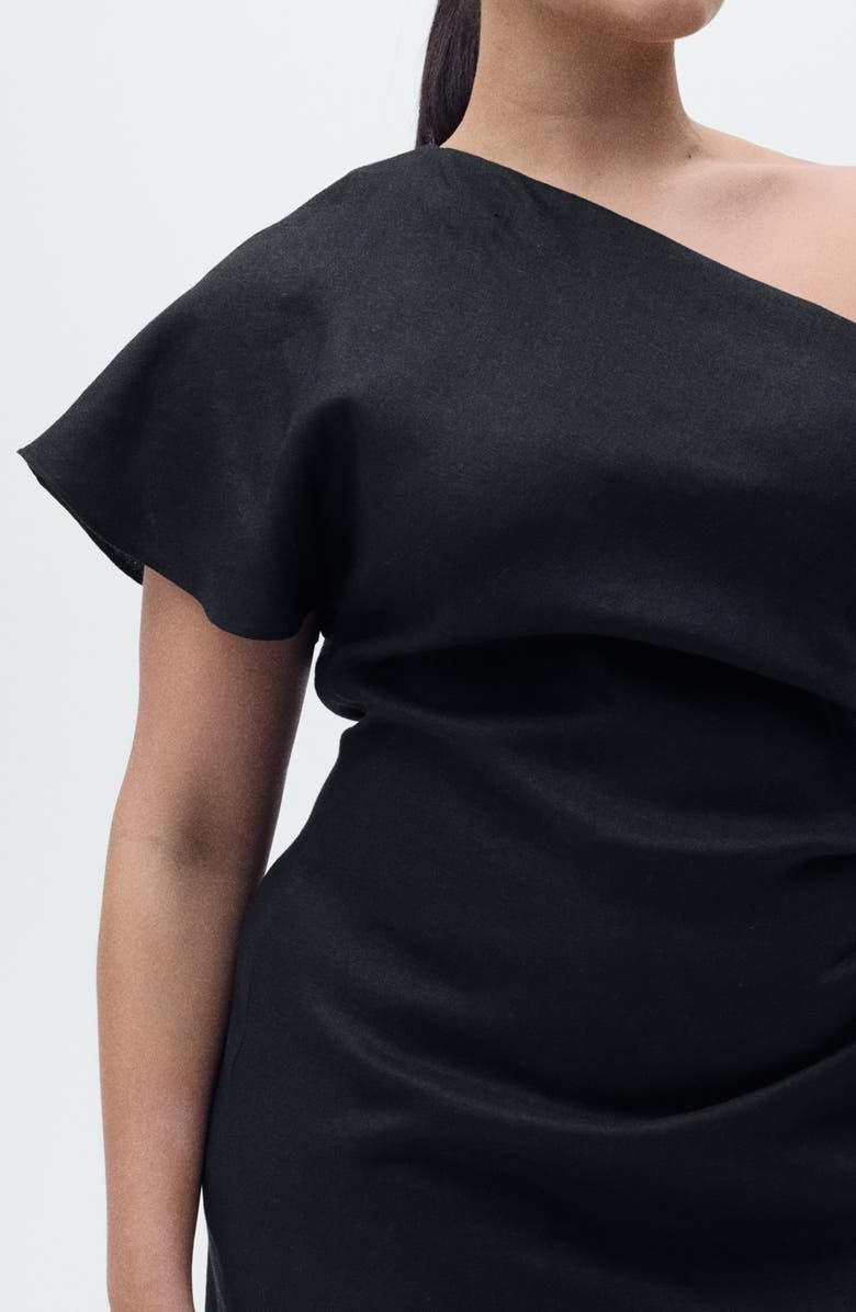 MANGO One-Shoulder Linen Midi Dress, Alternate, color, Black