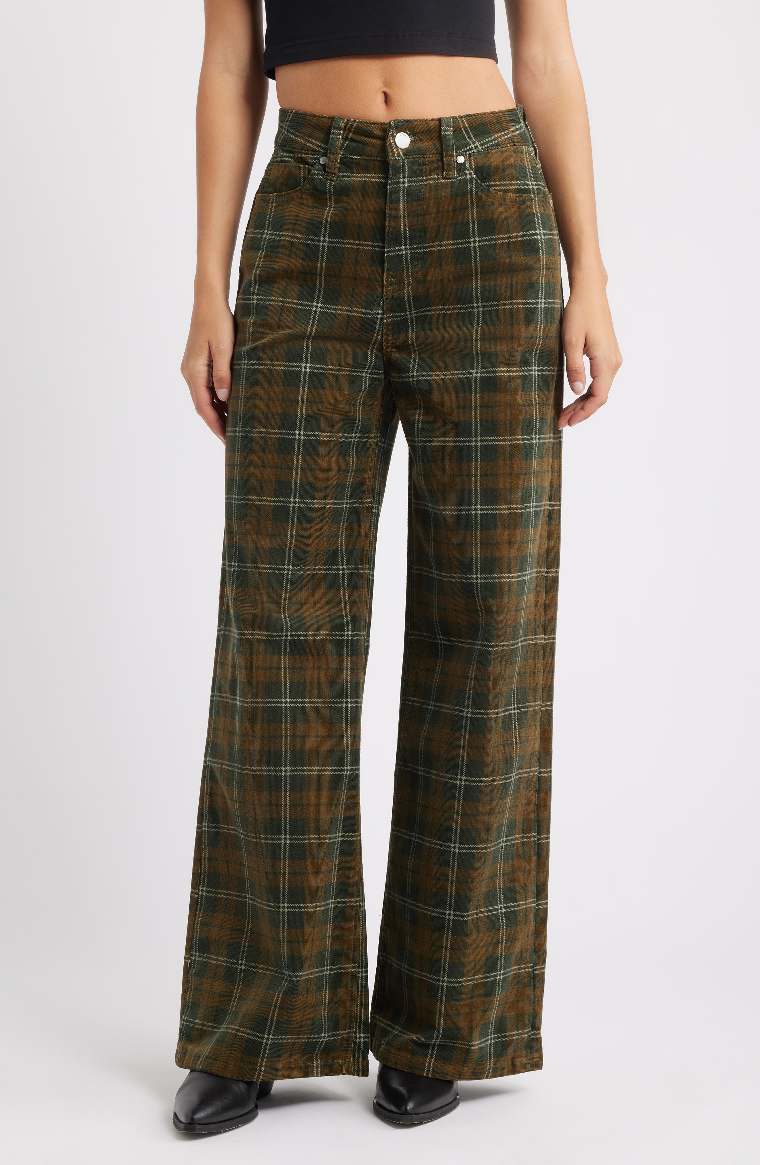 PTCL Plaid Stretch Corduroy Wide Leg Pants