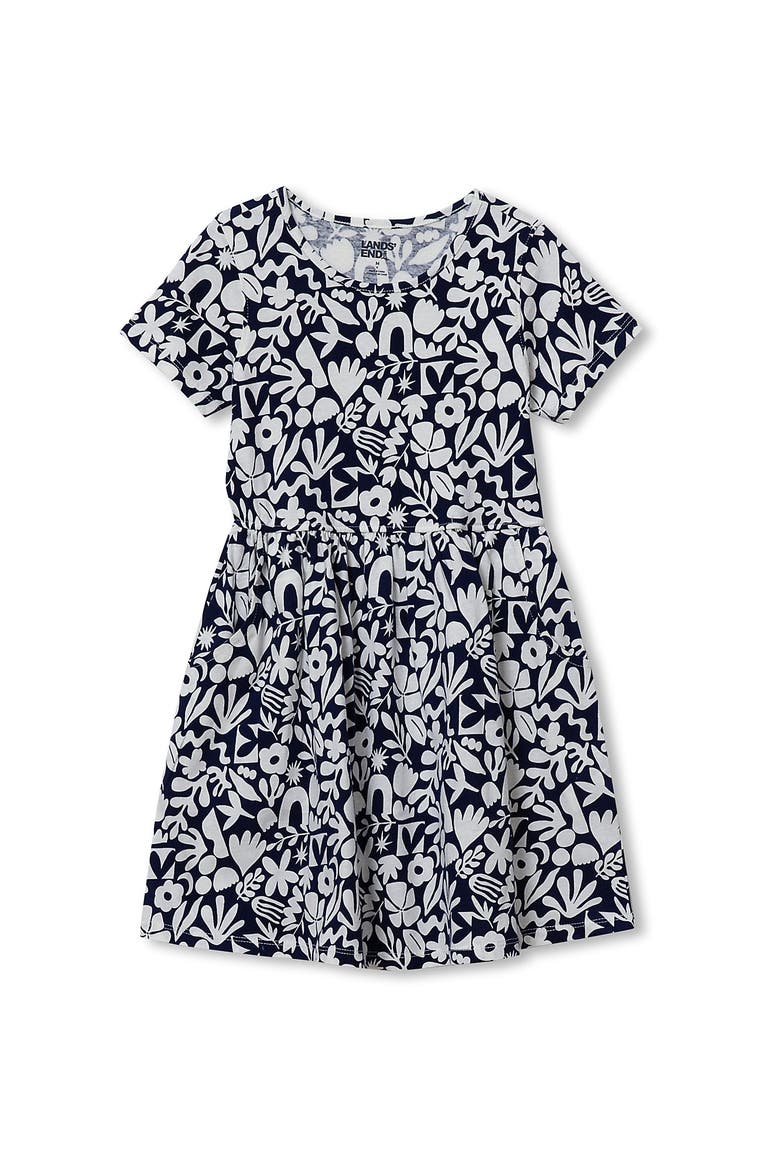 Girls Short Sleeve Gathered Waist Jersey Dress, Main, color, Garden Party/Navy