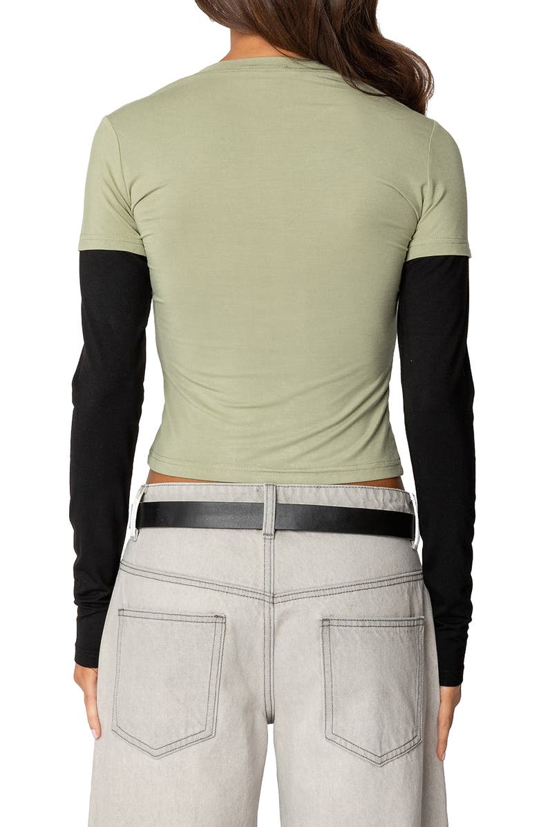EDIKTED 13 Appliqué Layered Look Long Sleeve T-Shirt, Alternate, color, Olive