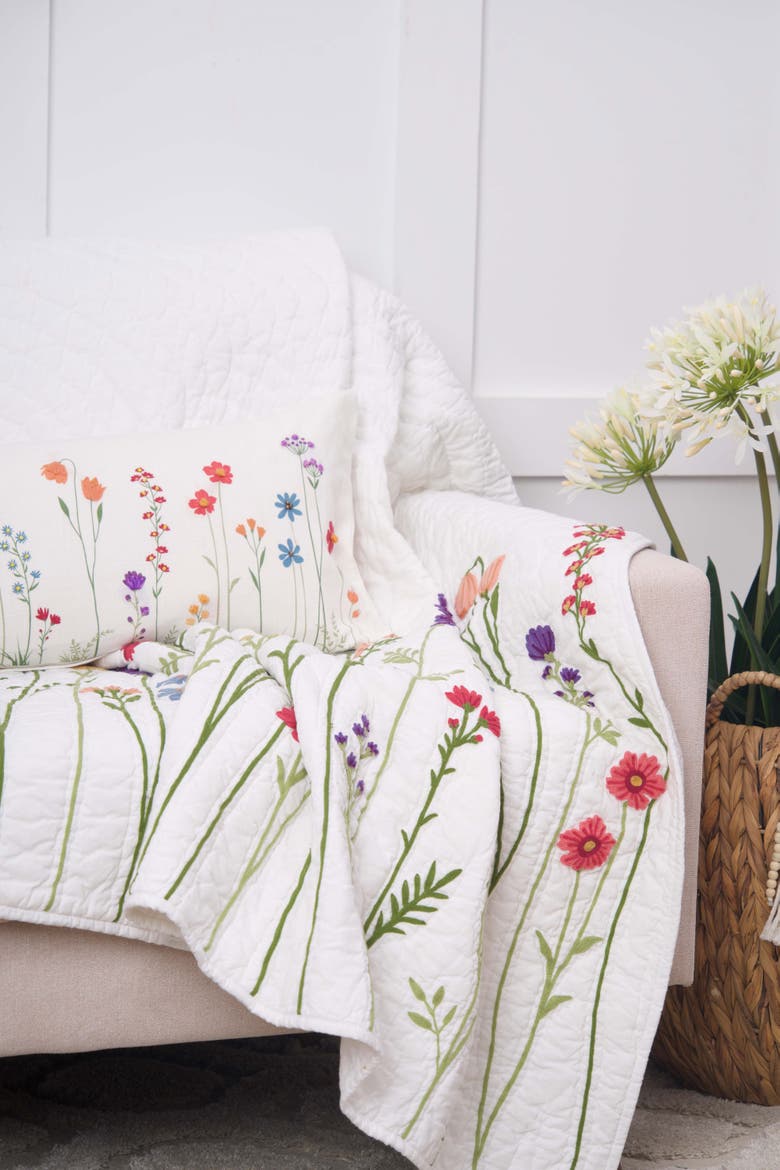 Botanical Field Flowers Cotton Blend Spring Accent Pillow 12" x 36", Alternate, color, White