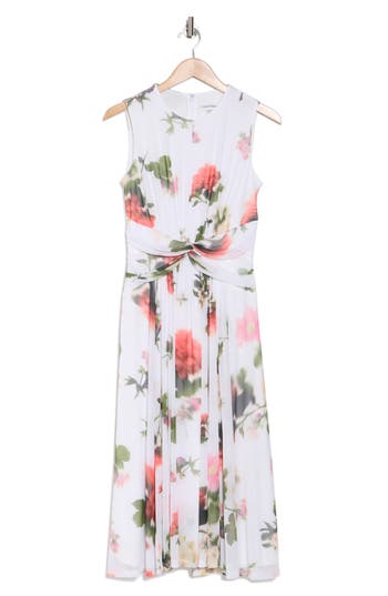 Calvin Klein Floral Sleeveless Ruched Waist A-line Dress