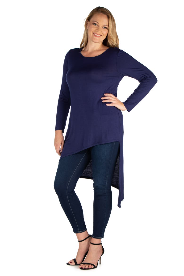 Plus Size Long Sleeve Knee Length Asymmetrical  Tunic Top, Alternate, color, Navy