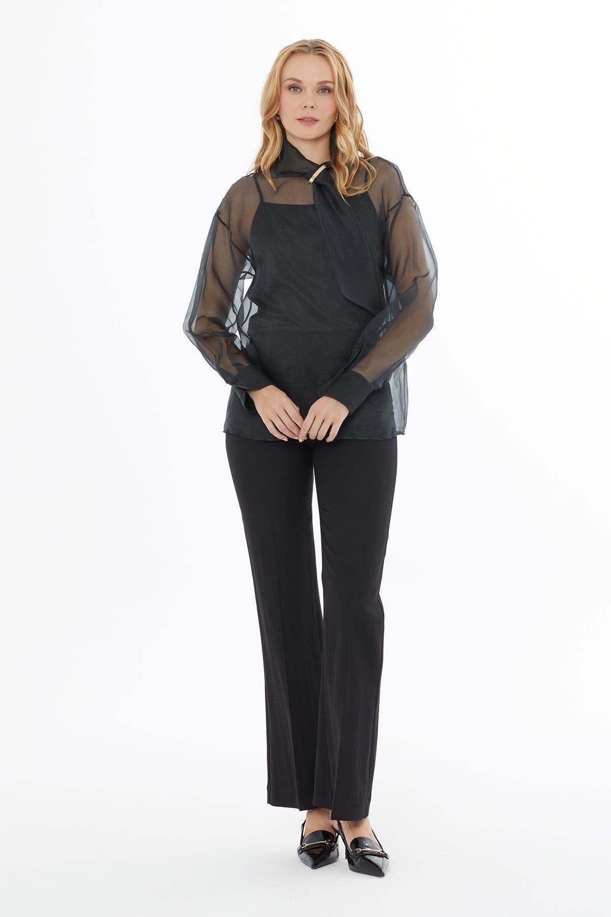 Gizia High Neck Sheer Blouse With Back Center Button Closure In Black