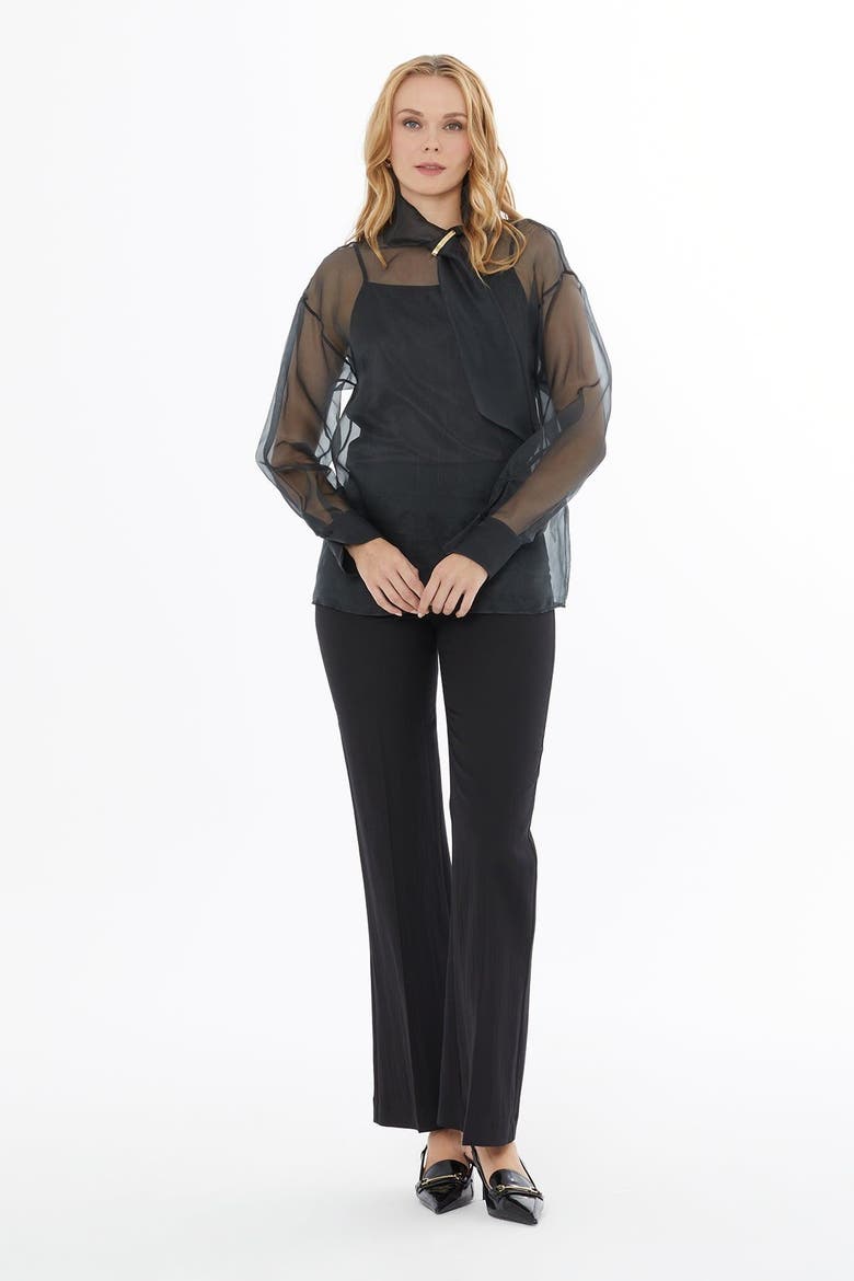 High Neck Sheer Silk Blouse with Back Button, Alternate, color, Black