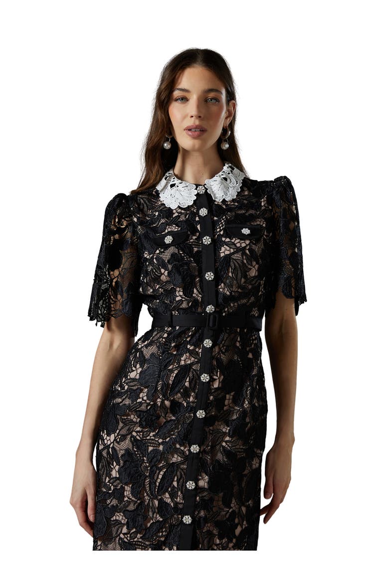 Short Sleeve Lace Shirt Dress, Alternate, color, Black