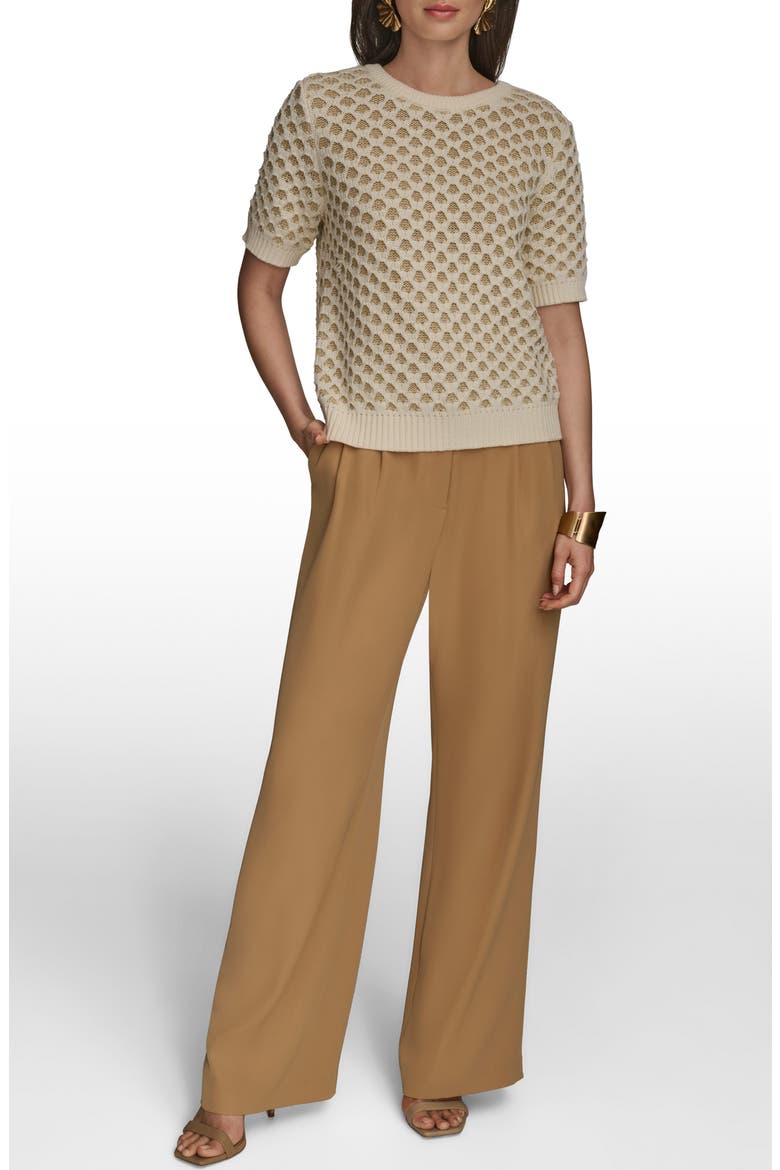 Honeycomb Short Sleeve Open Stitch Sweater, Alternate, color, GOLD/ CREAM