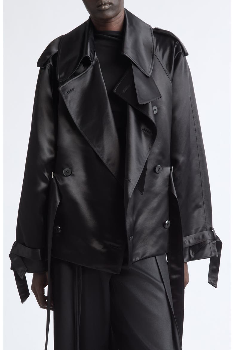 Claw Crop Liquid Satin Trench Coat, Main, color, BLACK
