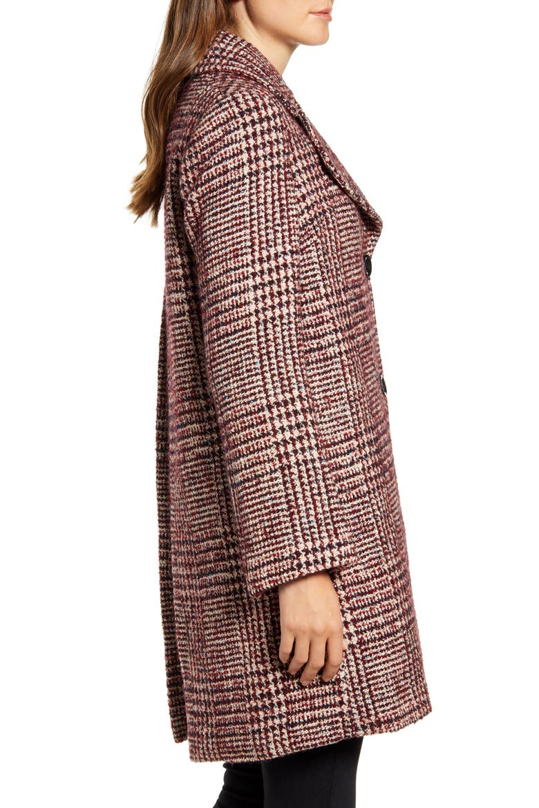 Grid Plaid Pleat Back Wool Blend Coat, Alternate, color, BURGUNDY GRID