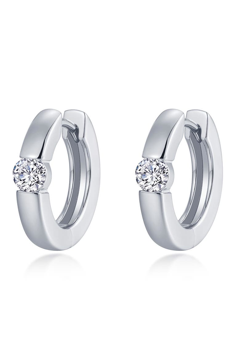 Simulated Diamond Huggie Hoop Earrings, Main, color, PLATINUM/ WHITE
