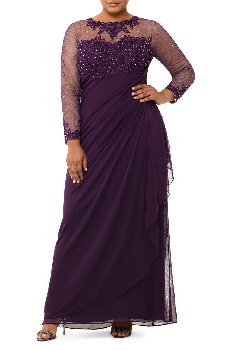 Xscape Evenings Xscape Embellished Illusion Long Sleeve Ruched Gown, Main, color,